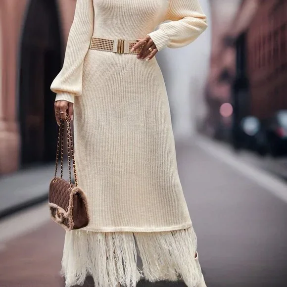 Apricot Casual Womens Fringe Hem Lantern Sleeve Sweater Dress - Picture 4 of 5